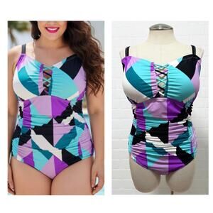 Torrid Plus Size 4 Geometric Art Wireless One‎ Piece Lattice Lace Up Swimsuit 4X